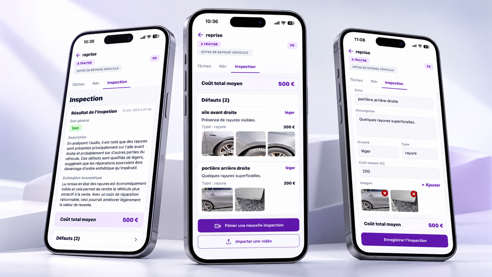 Inspection IA Spider VO sur trois smartphones : rapport d’inspection, défauts photographiés et modification des frais de remise en état