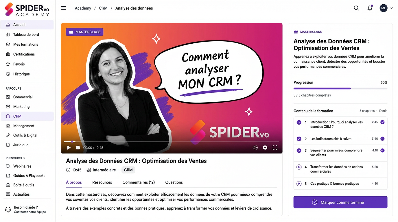 Spider VO Academy — lecteur de masterclass avec progression