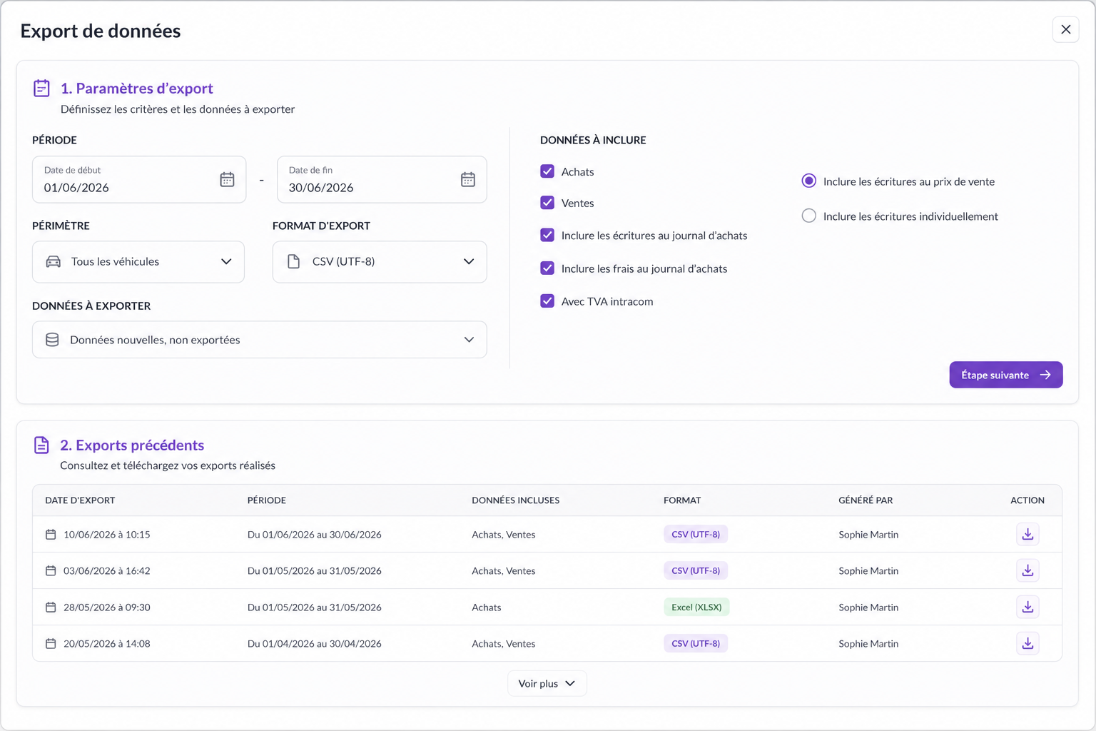 Export comptable natif Spider VO — paramètres d'export et historique