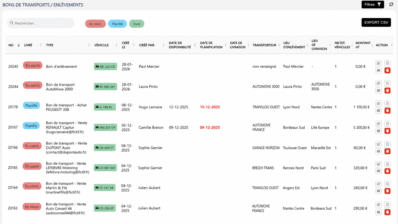 Module transports Spider VO — bons d'enlèvement et de livraison avec tarifs Driivme et Hiflow